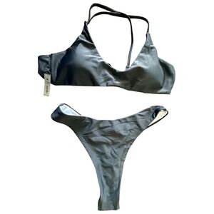 Reversible Bikini Set Black White V-Neck Cross Back High Leg Swimsuit Size M